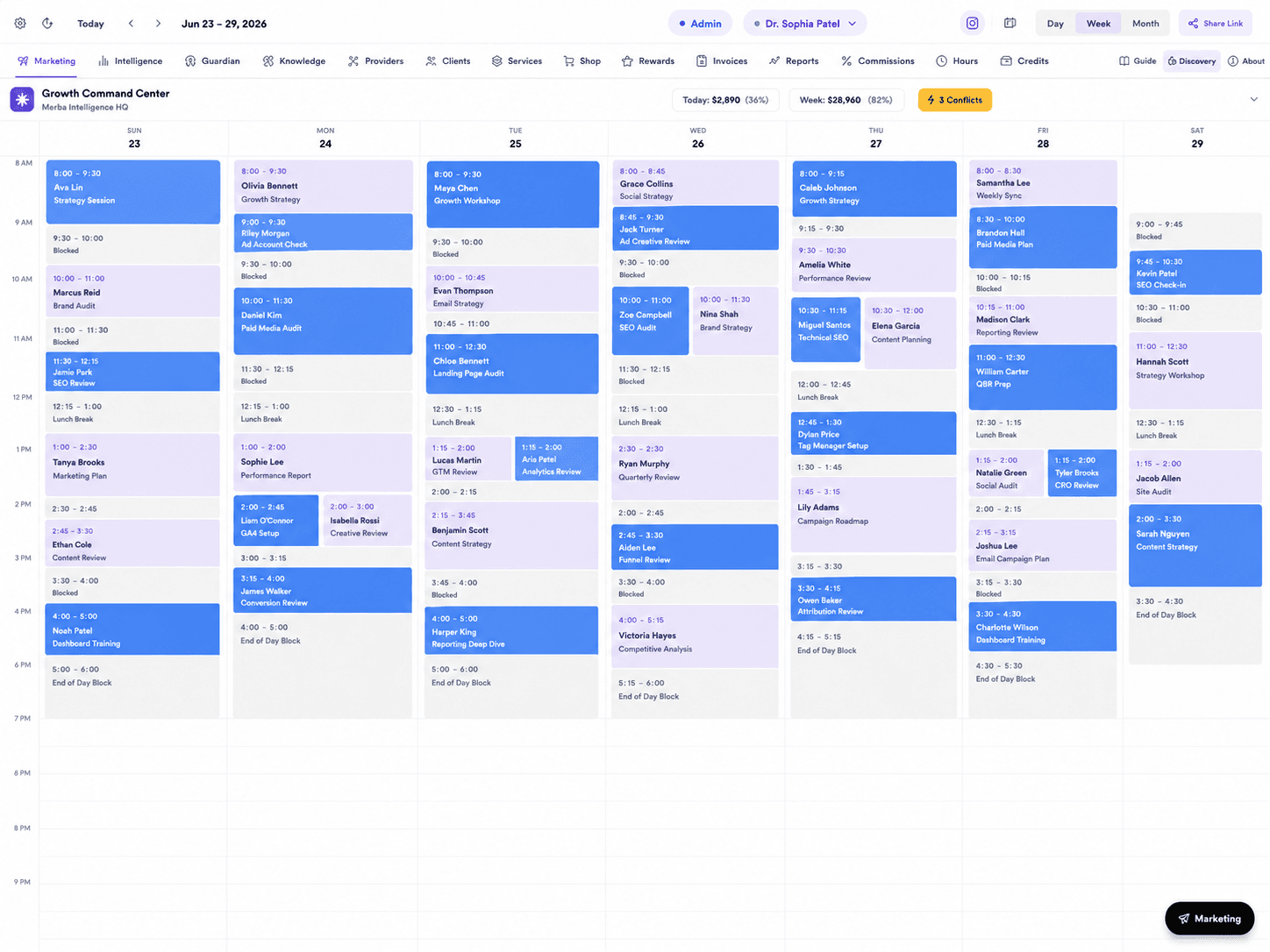 Real Merba weekly calendar showing a full seven-day appointment schedule on an iPad