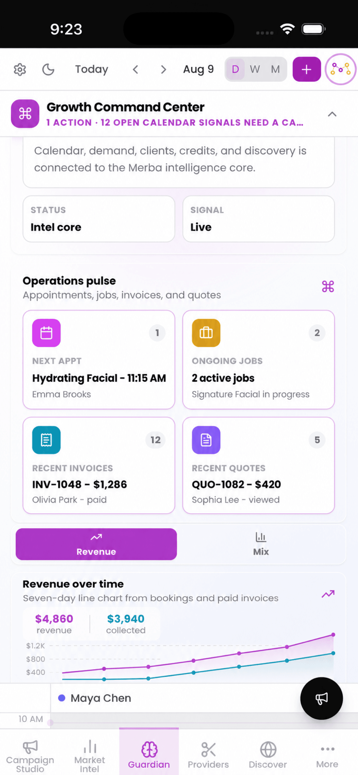 Merba Growth Command Center displayed on an iPhone