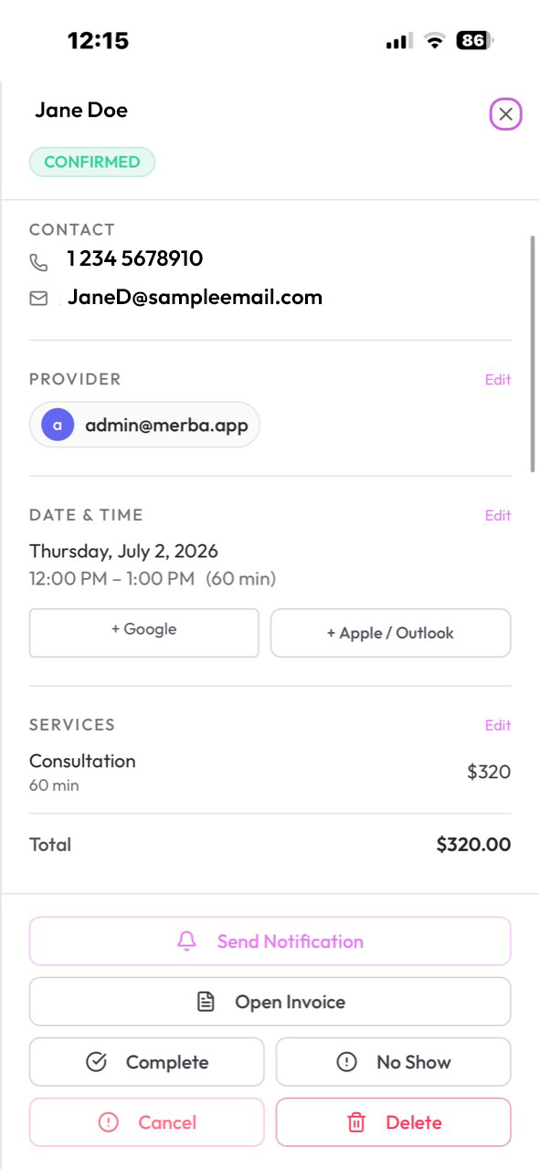 Merba appointment detail screen