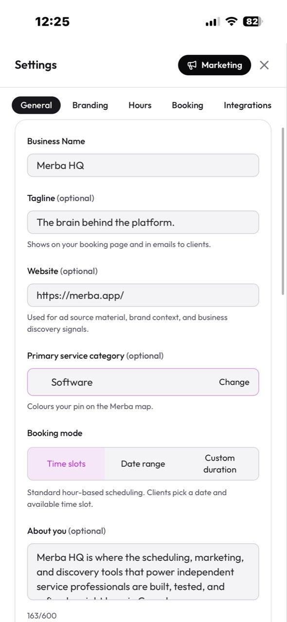 Merba General settings screen