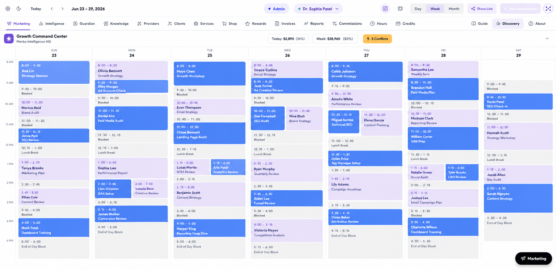 Merba weekly calendar showing multiple providers, appointments, blocked time, and conflicts