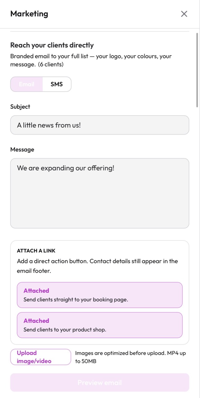 Merba client email broadcast builder