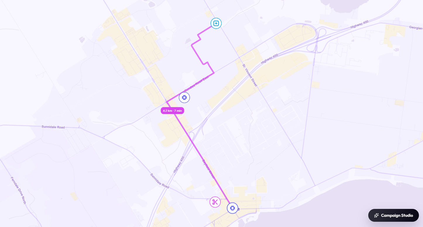 Merba discovery map showing a routed local itinerary between nearby businesses