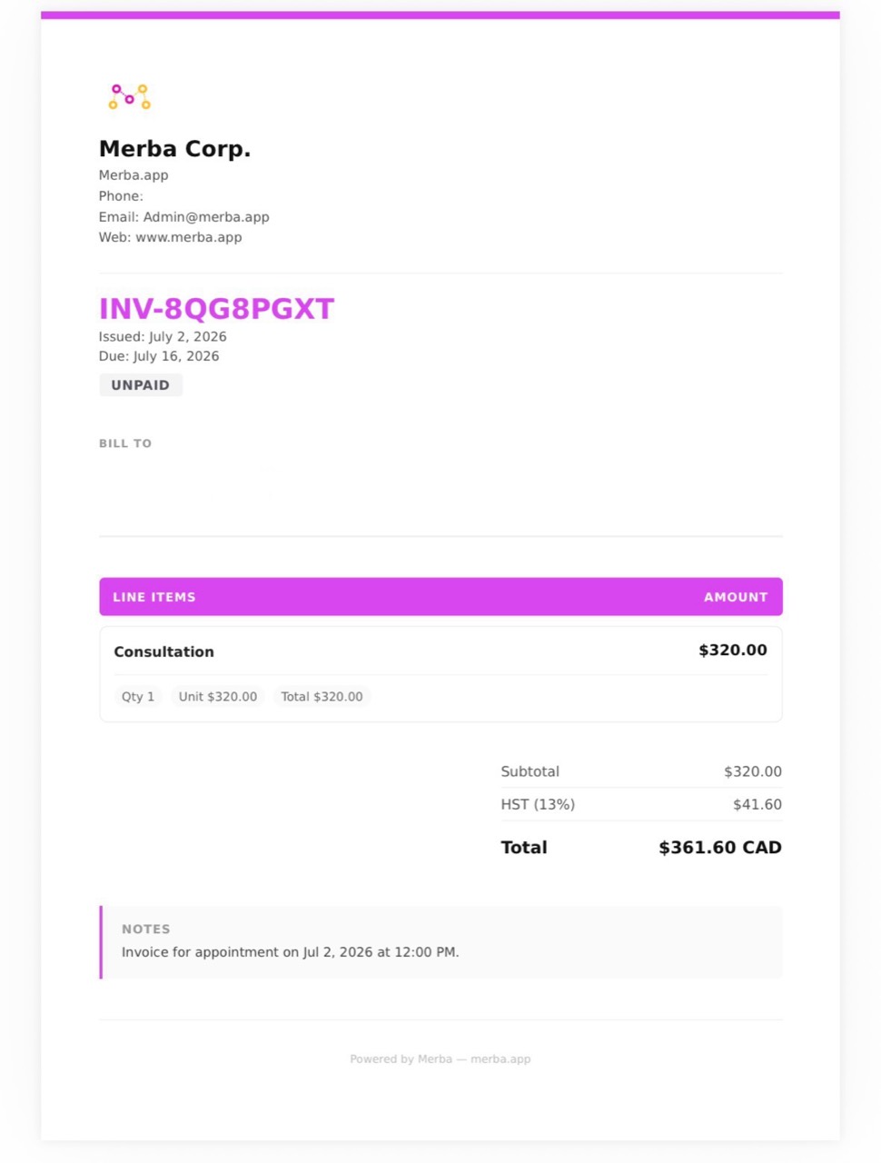 Merba sample invoice with line items and totals
