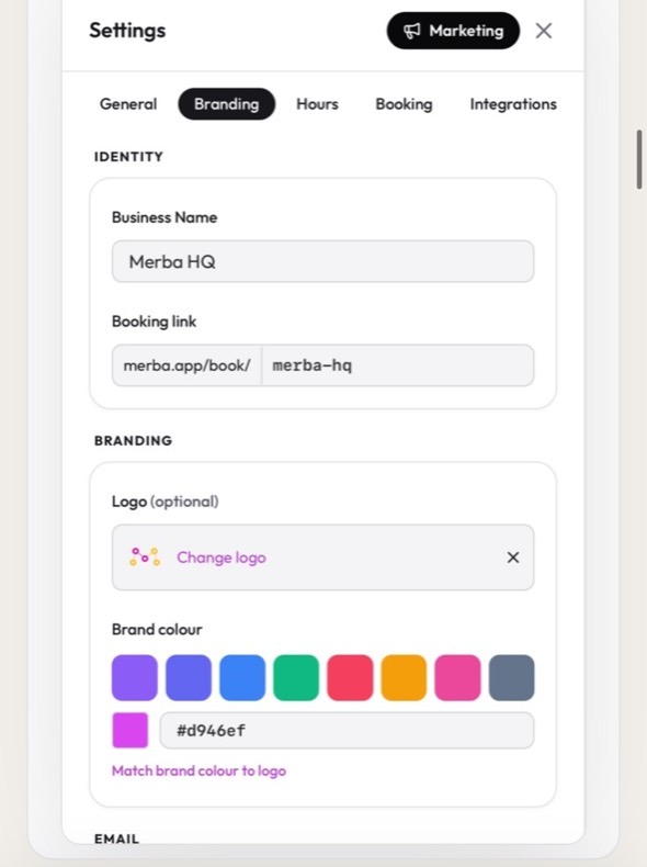 Merba business branding controls